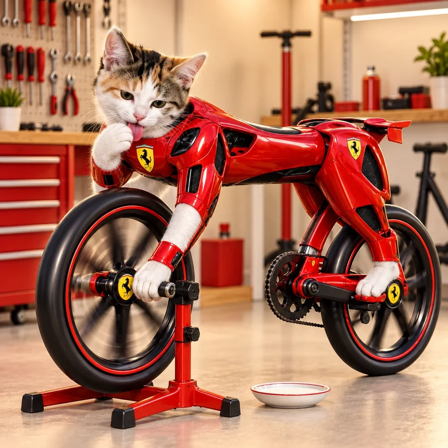 The cat-bike on a workshop stand, licking its front paw