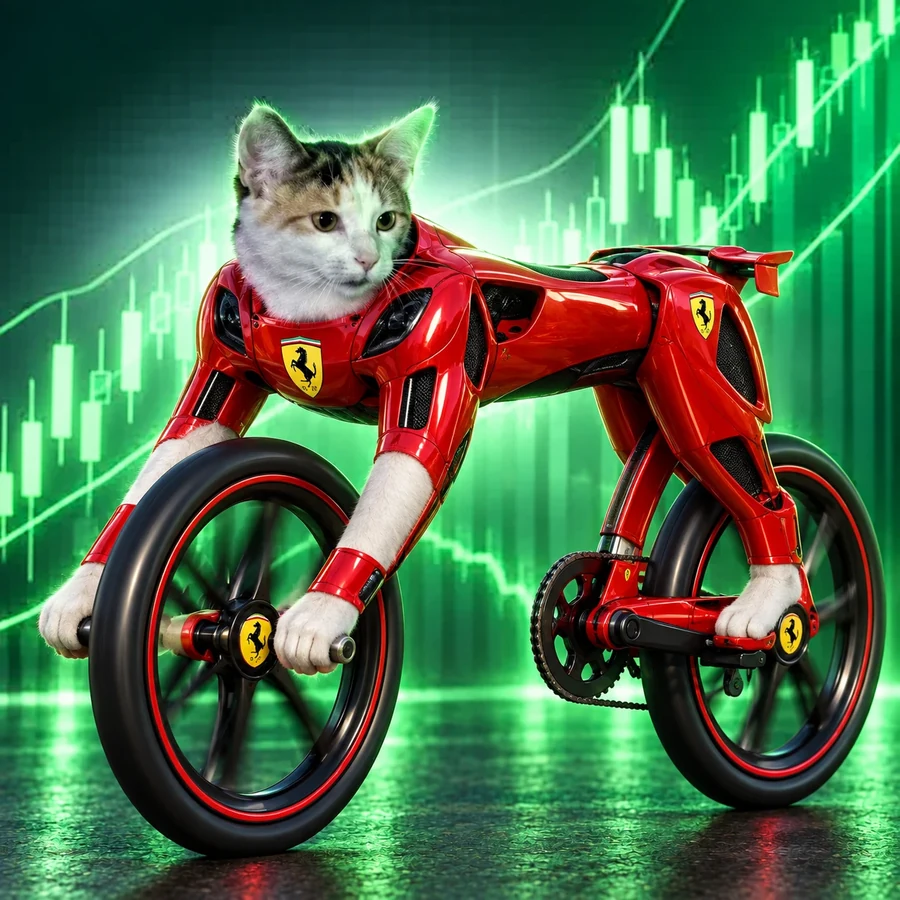 The cat-bike in front of rising green price candles
