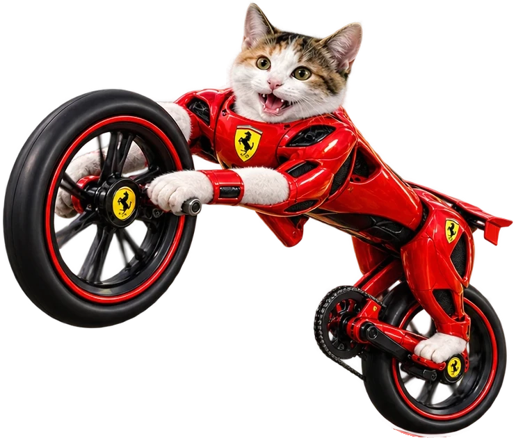 A calico cat whose body is a red racing bicycle, front wheel in the air