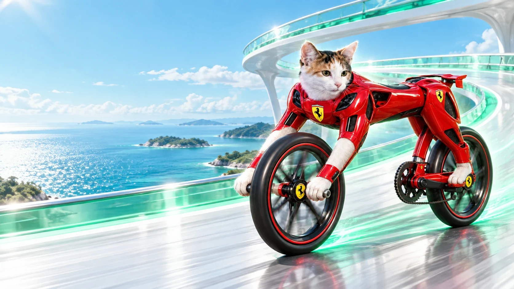 The cat-bike racing along a white elevated track above a bright blue sea